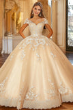 Champagne Ball Gown Organza Appliqued Quinceanera Dress With Cap Sleeves