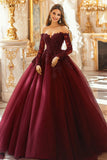 Burgundy Ball Gown Cold Shoulder Appliqued Quinceanera Dress With 3/4 Sleeves