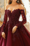 Burgundy Ball Gown Cold Shoulder Appliqued Quinceanera Dress With 3/4 Sleeves