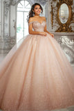 Glitter Champagne Ball Gown Off The Shoulder Appliqued Quinceanera Dress