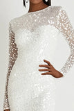 White Sequins Bodycon Scoop Neck Long Sleeves Short Graduation Dress