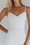 Bodycon White Cotton Spaghetti Straps Pleated Graduation Dress