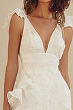 White V-neck A-Line Chiffon Ankle Length Little White Dress with Ruffles