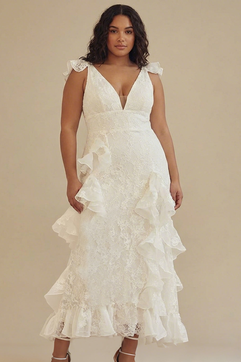 ZAPAKA Women Plus Size White Graduation Dress with Ruffles A-Line V-Neck Ankle Length Party Dress with Lace, White / US14 ZAPAKA Women Plus Size White Graduation Dress with Ruffles A-Line V-Neck Ankle Length Party Dress with Lace, White / US14