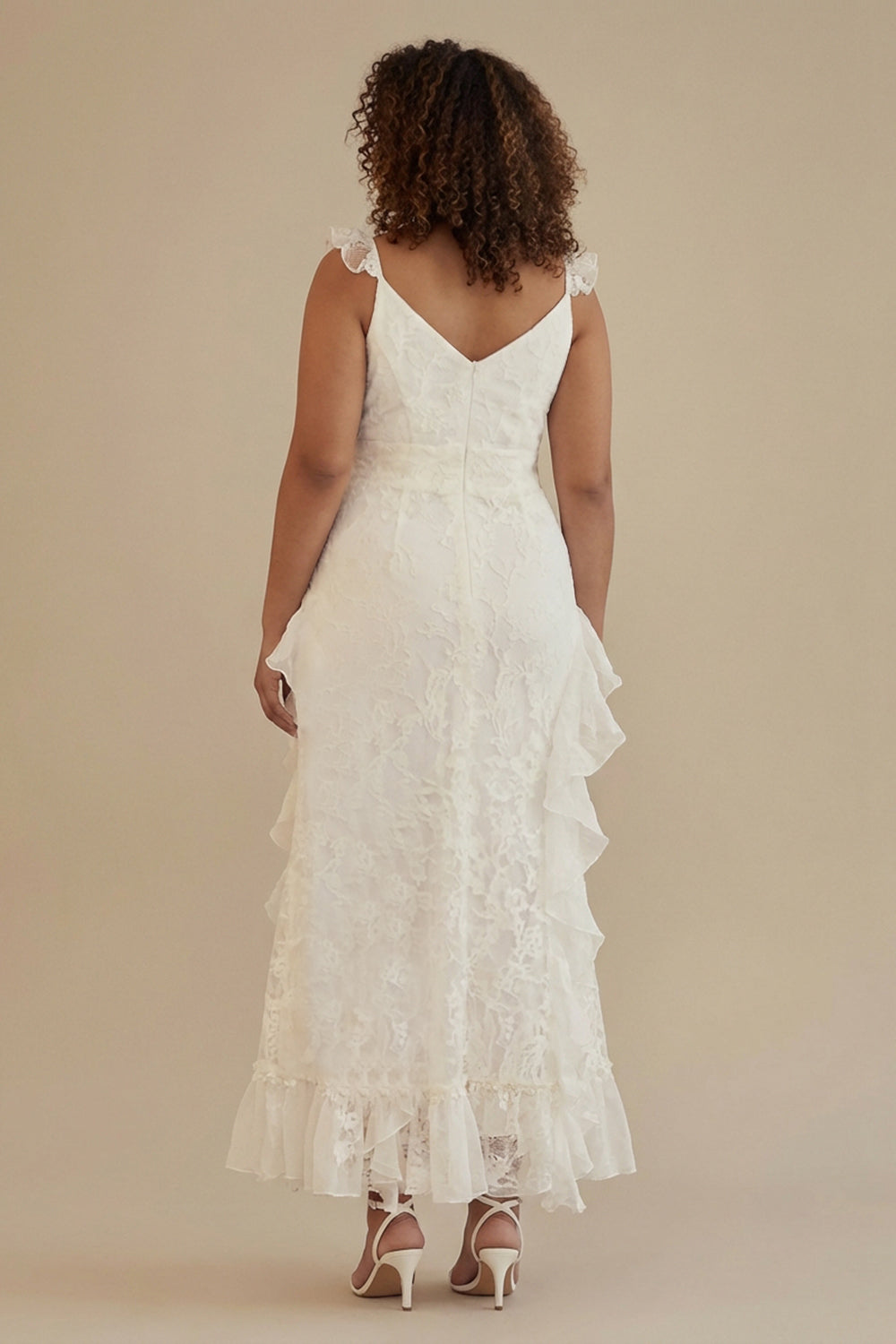ZAPAKA Women Plus Size White Graduation Dress with Ruffles A-Line V-Neck Ankle Length Party Dress with Lace ZAPAKA Women Plus Size White Graduation Dress with Ruffles A-Line V-Neck Ankle Length Party Dress with Lace