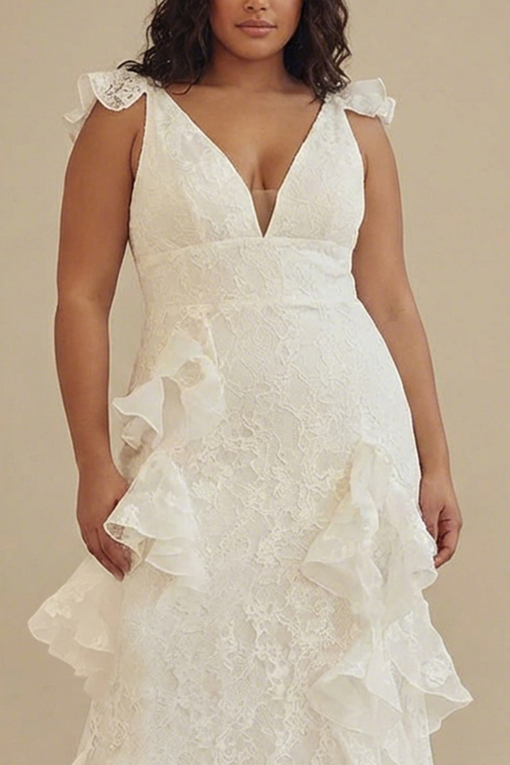 ZAPAKA Women Plus Size White Graduation Dress with Ruffles A-Line V-Neck Ankle Length Party Dress with Lace, White / US14