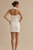 Halter Neck A-Line Satin Knee Length Little White Dress