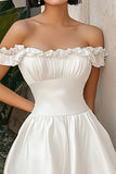 A-Line Ruffled Off the Shoulder Pleating Little White Graduation Dress