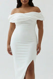 White Off The Shoulder Sheath Satin Asymmetrical Plus Size Graduation Dress