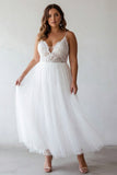 White A Line Spaghetti Straps Plus Size Tulle Engagement Dress with Lace