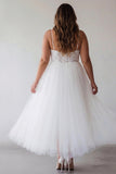 White A Line Spaghetti Straps Plus Size Tulle Engagement Dress with Lace