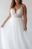 White A Line Spaghetti Straps Plus Size Tulle Engagement Dress with Lace