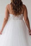 White A Line Spaghetti Straps Plus Size Tulle Engagement Dress with Lace