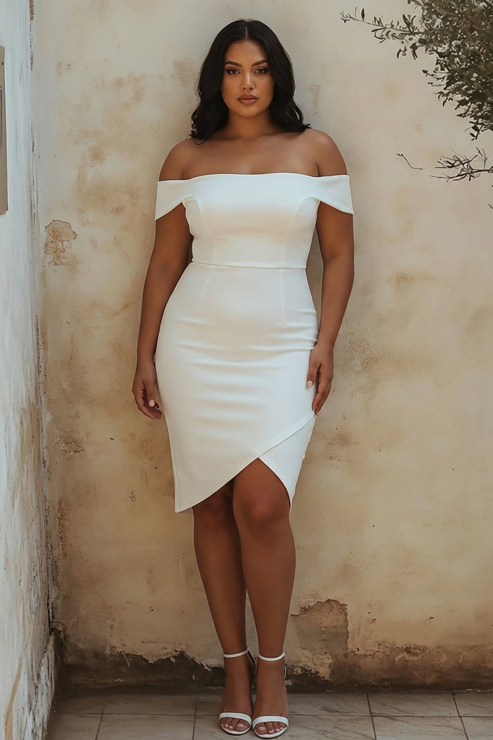 ZAPAKA Women White Bodycon Graduation Dress Plus Size Off the Shoulder Satin Midi Cocktail Dress, White / US16 ZAPAKA Women White Bodycon Graduation Dress Plus Size Off the Shoulder Satin Midi Cocktail Dress, White / US16
