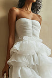 White Organza A Line Tiered Strapless Ruffled Long Graduation Dress