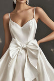 White Spaghetti Straps Satin Graduation Dress With Bows