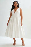 Simple White A Line Satin V-Neck Midi Plus Size Graduation Dress