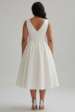 Simple White A Line Satin V-Neck Midi Plus Size Graduation Dress