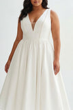 Simple White A Line Satin V-Neck Midi Plus Size Graduation Dress