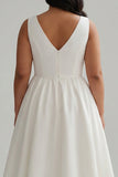 Simple White A Line Satin V-Neck Midi Plus Size Graduation Dress