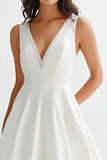 White Sleeveless A Line Matte Satin Long Graduation Dress