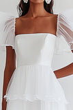 A Line White Ruffles Half Sleeves Square Neck Long Graduation Dress