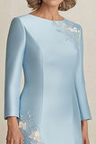 Satin Sky Blue Column Mother Of Bride Dress with Lace