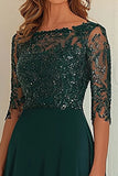 Chiffon Lace Dark Green Mother Of The Dress  with 3/4 Sleeves