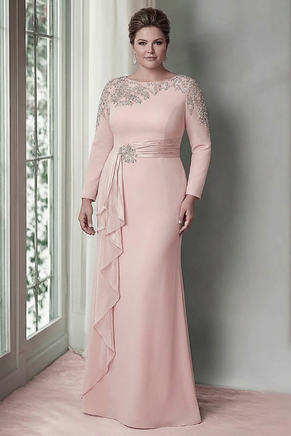 ZAPAKA Women Plus Size Sheath Mother Of The Bride Dress with Long Sleeves Blush Ruffled Satin Long Wedding Guest Dress, Blush / US8 ZAPAKA Women Plus Size Sheath Mother Of The Bride Dress with Long Sleeves Blush Ruffled Satin Long Wedding Guest Dress, Blush / US8