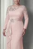Sheath Blush Long Sleeves Satin Plus Size Mother Of The Bride Dress with Ruffles