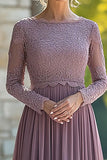 Black Tie Vintage Mauve Column Scoop Chiffon Long Mother of the Bride Dress with Lace Appliques