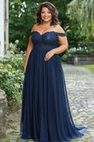 Elegant Navy Off the Shoulder A-Line Chiffon Long Mother of the Bride Dress with Lace Appliques