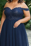 Elegant Navy Off the Shoulder A-Line Chiffon Long Mother of the Bride Dress with Lace Appliques