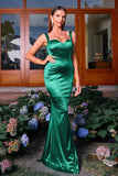 Dark Green Mermaid Spaghetti Straps Satin Long Formal Dress