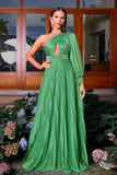 Green A-Line One Shoulder Long Sleeve Pleating Long Formal Dress