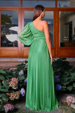 Green A-Line One Shoulder Long Sleeve Pleating Long Formal Dress