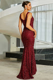 Sparkly Burgundy Mermaid Sequins Long Formal Dress with Slit