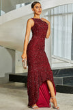 Sparkly Burgundy Mermaid Sequins Long Formal Dress with Slit