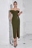 Army Green Sheath Off the Shoulder Tea Length Prom Dress with Slit