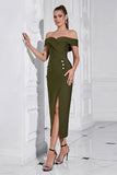 Army Green Sheath Off the Shoulder Tea Length Prom Dress with Slit