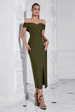 Army Green Sheath Off the Shoulder Tea Length Prom Dress with Slit