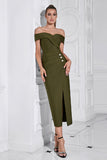 Army Green Sheath Off the Shoulder Tea Length Prom Dress with Slit