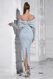 Floral Light Blue Bodycon Cold Shoulder Long Sleeve Prom Dress with Back Slit