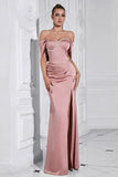 Grey Pink Sheath Off the Shoulder Ruched Prom Dress with Slit