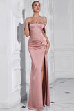 Grey Pink Sheath Off the Shoulder Ruched Prom Dress with Slit