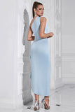 Light Blue Bodycon One Shoulder Tea Length Formal Dress