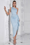 Light Blue Bodycon One Shoulder Tea Length Formal Dress