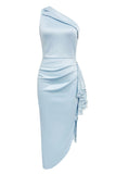 Light Blue Bodycon One Shoulder Tea Length Formal Dress