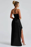 Simple Black Ruched Spaghetti Straps Long Formal Dress with Slit