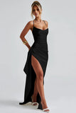 Simple Black Ruched Spaghetti Straps Long Formal Dress with Slit